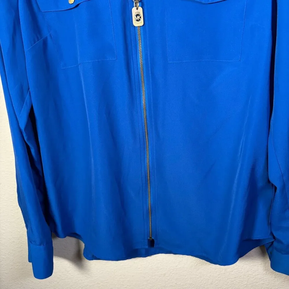 Michael Kors Blouse Women's Medium V-Neck Zipper Long Sleeve Collared Top